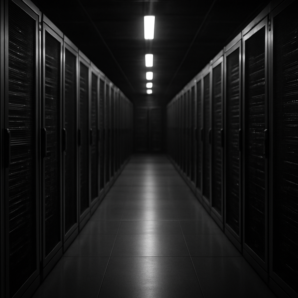 Modern data center aisle with rows of server racks