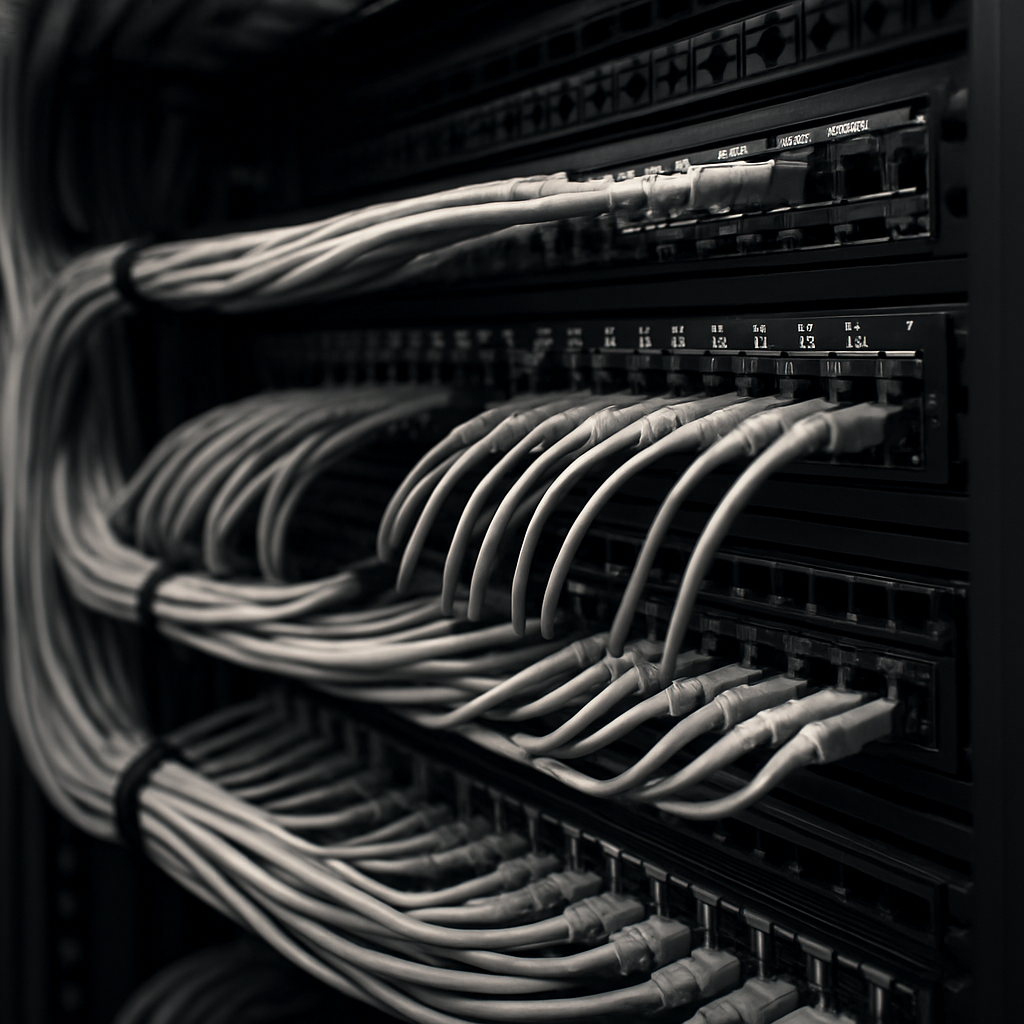Neatly organized network cabling and fiber patch panels