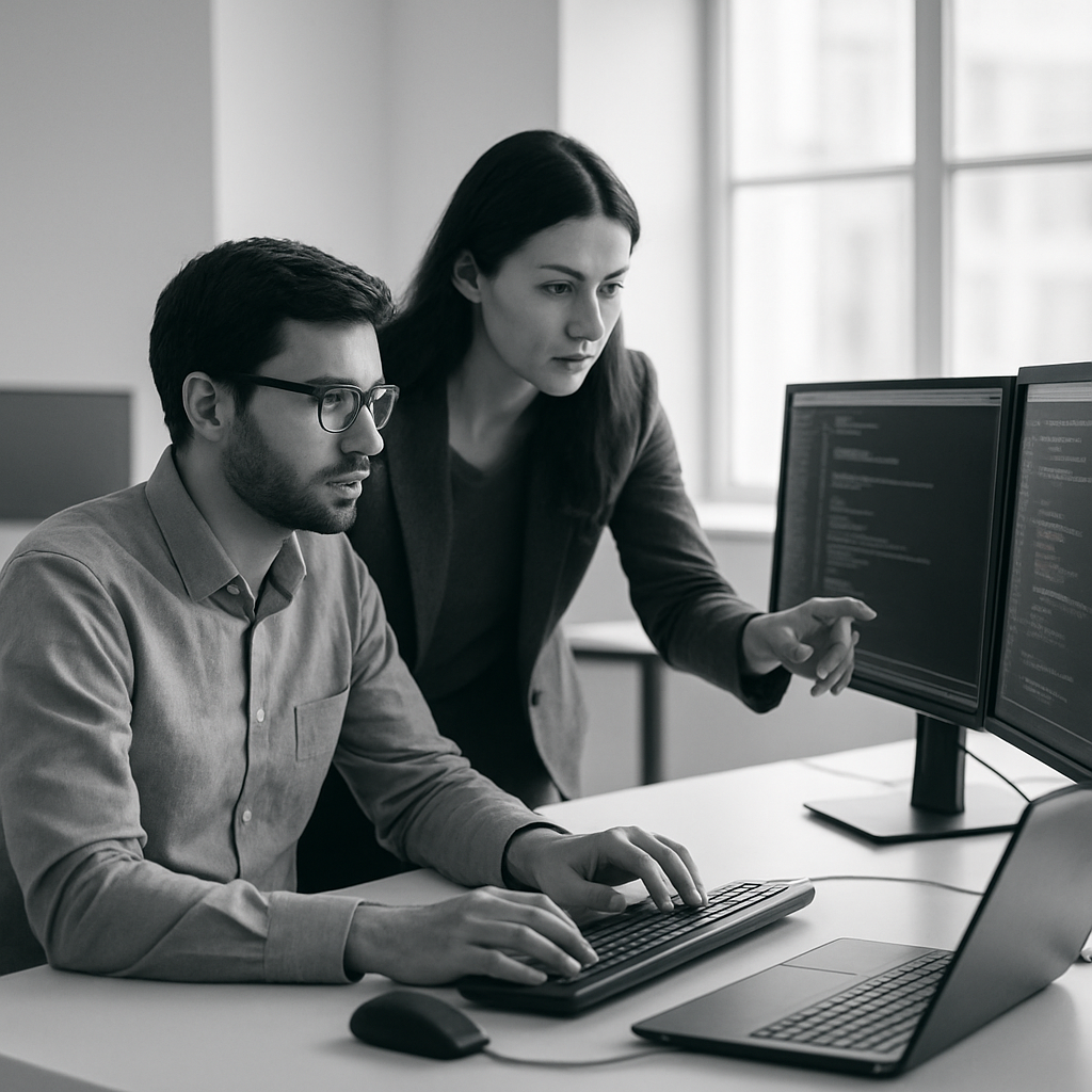 IT professionals collaborating at workstations in a modern office